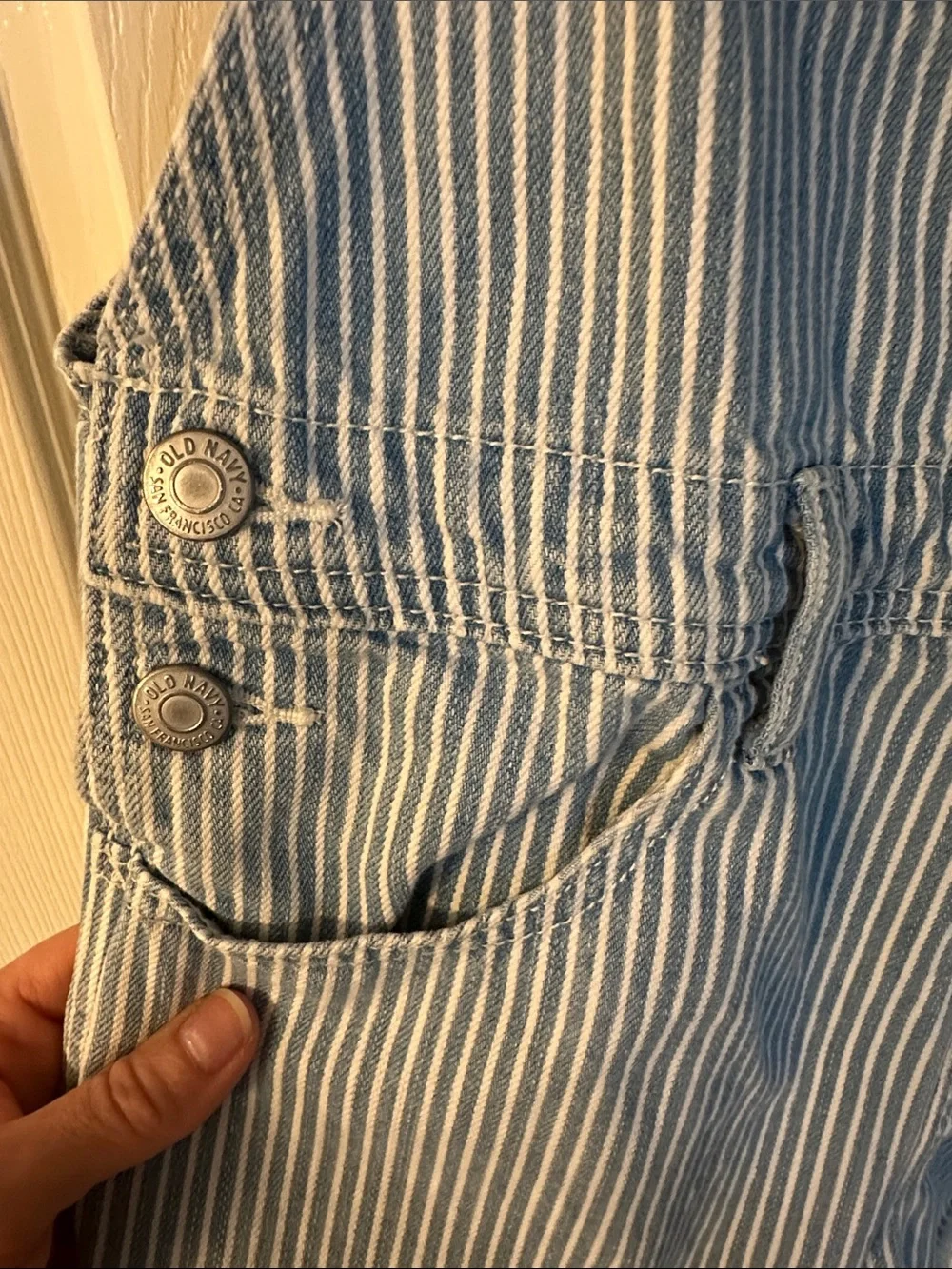 Old Navy Girls’ Blue and White Railroad Striped Raw Hem Short Overalls